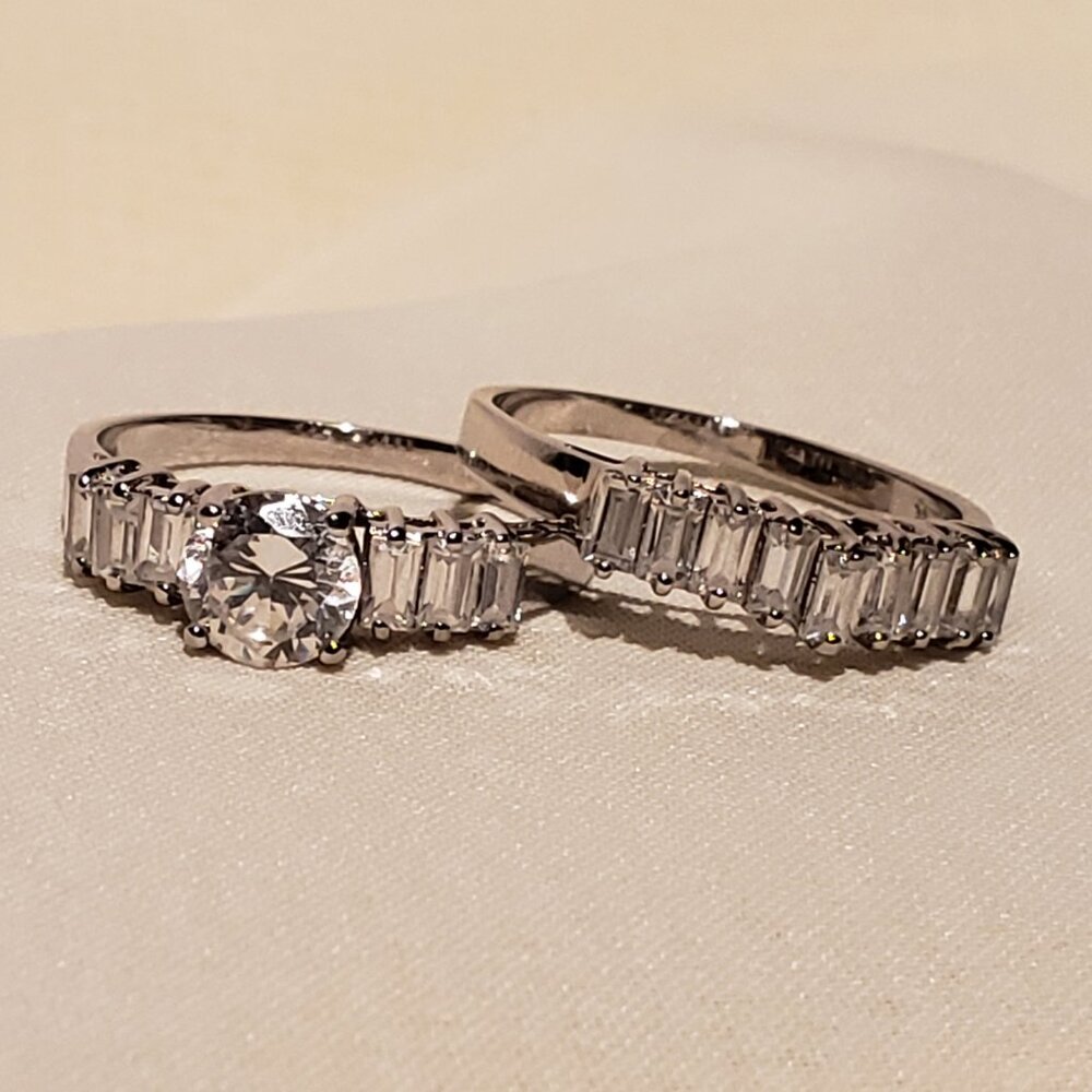 Sterling Silver Round Brilliant and Baguette Cubic Zirconia Wedding Set